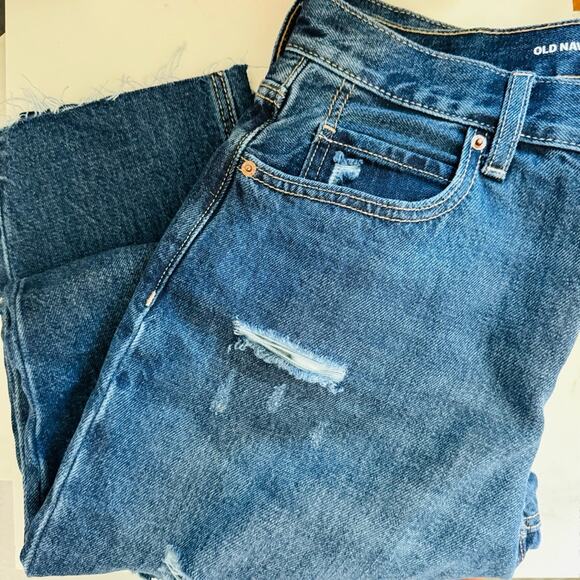 OLD NAVY Dark Blue Wash High Rise Slouchy Straight Leg Denim Distressed Jeans 8 - Picture 12 of 14